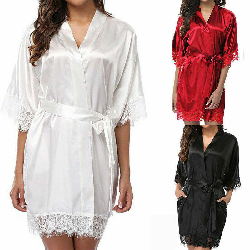 UK Satin Robe Dressing Gown Sleepwear Bath-robe silky