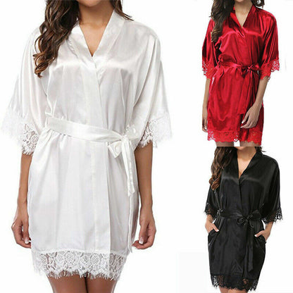 UK Satin Robe Dressing Gown Sleepwear Bath-robe silky