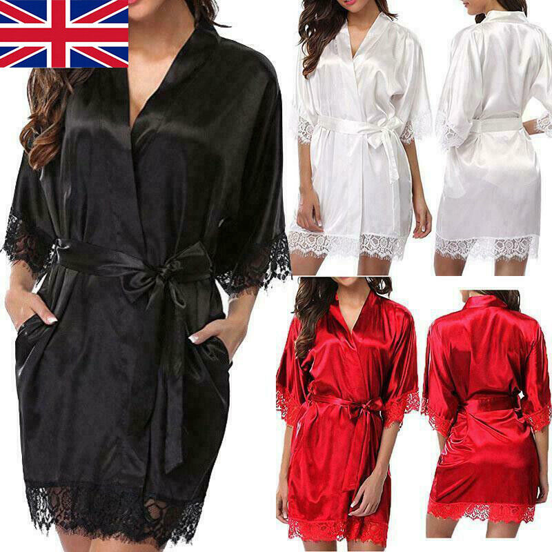 UK Satin Robe Dressing Gown Sleepwear Bath-robe silky