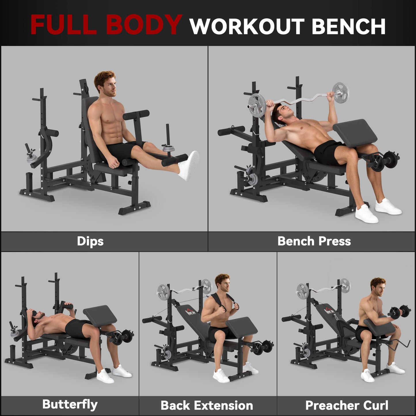 Weight Bench, 6 In 1 Adjustable Bench Press With Leg Extension, Barbell Rack, Preacher Curl Pad, Resistance Band, Multi-Function Home Gym Equipment For Strength Training Weightlifting