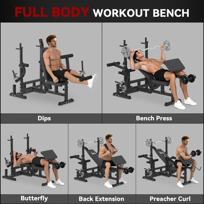 Weight Bench, 6 In 1 Adjustable Bench Press With Leg Extension, Barbell Rack, Preacher Curl Pad, Resistance Band, Multi-Function Home Gym Equipment For Strength Training Weightlifting