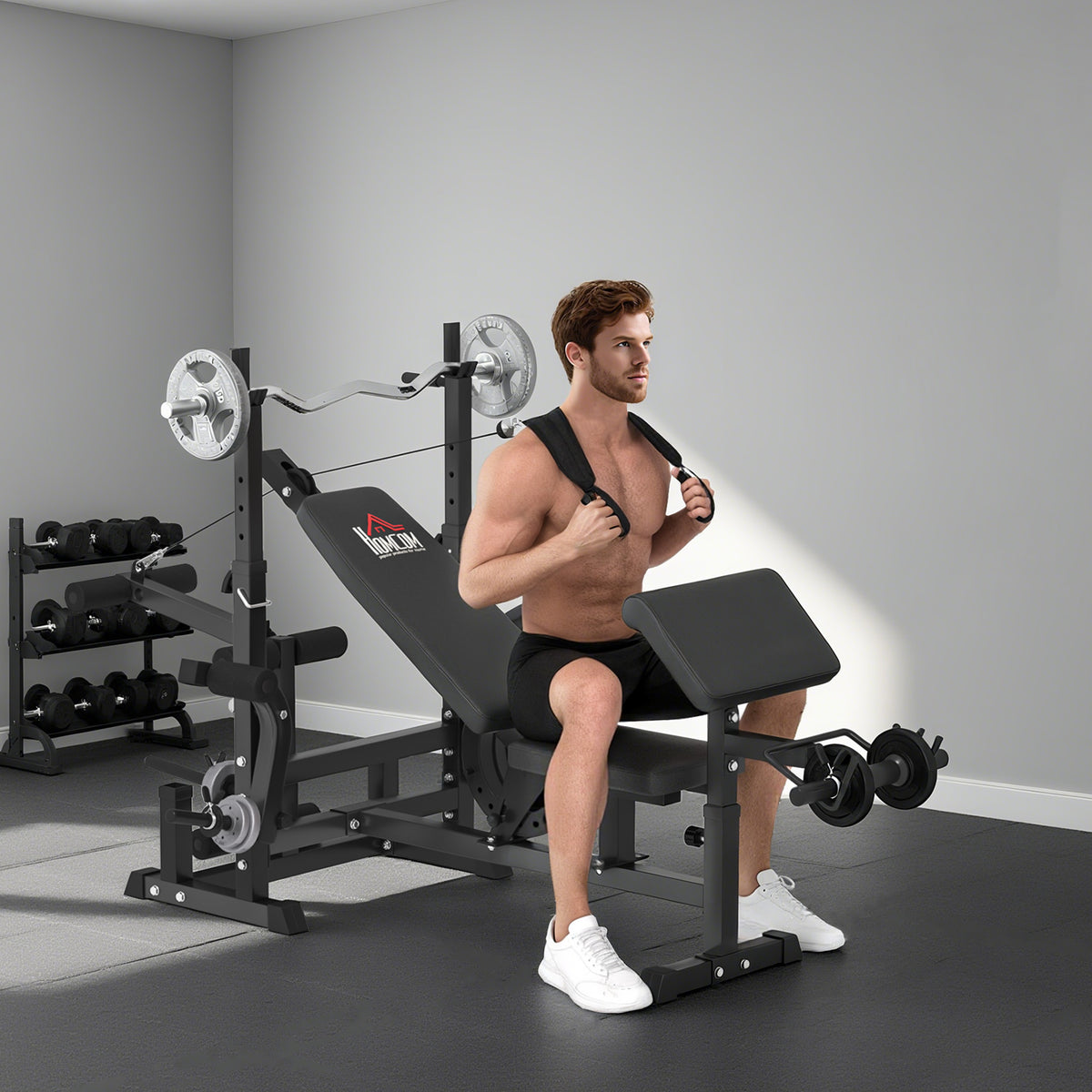 Weight Bench, 6 In 1 Adjustable Bench Press With Leg Extension, Barbell Rack, Preacher Curl Pad, Resistance Band, Multi-Function Home Gym Equipment For Strength Training Weightlifting