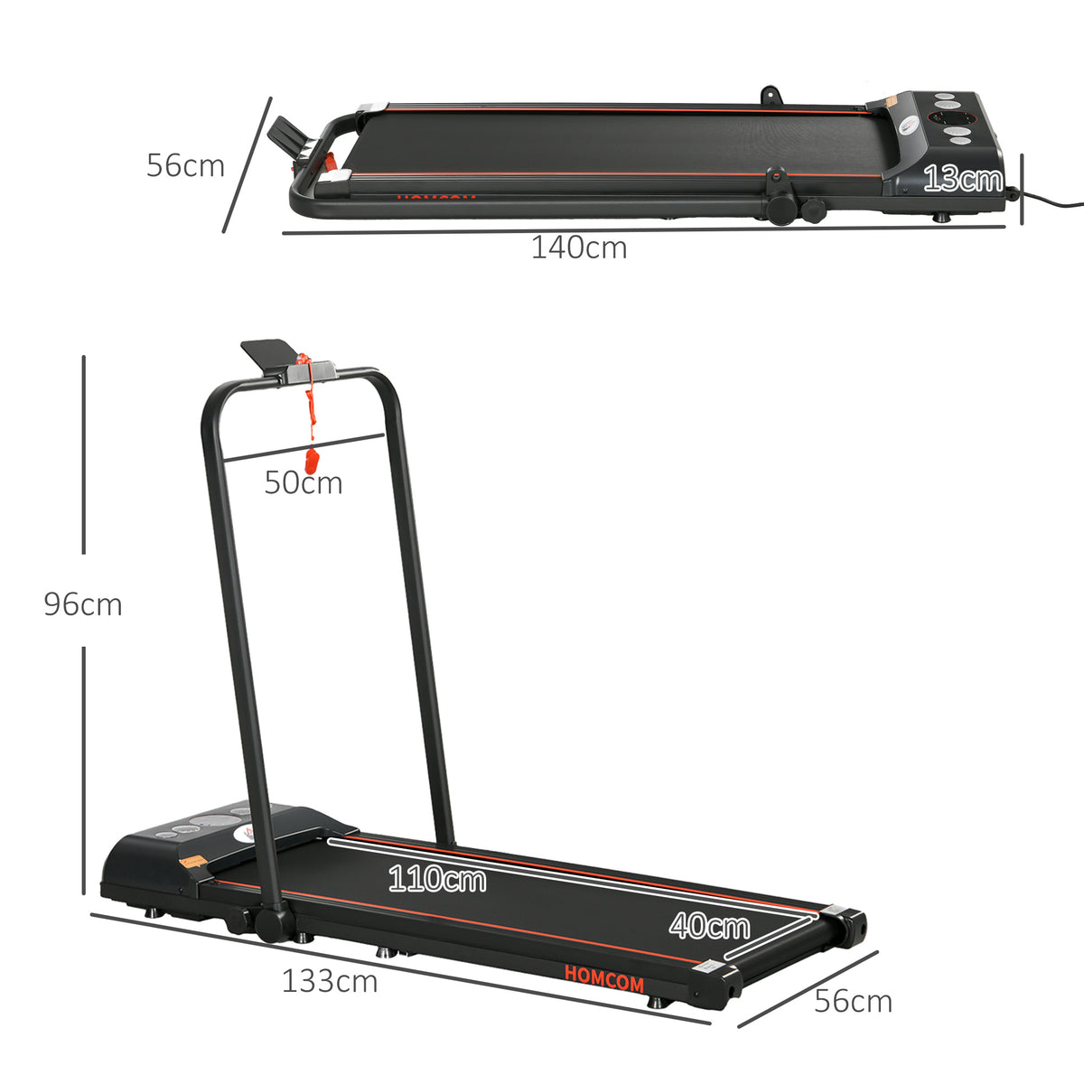 Foldable Walking Treadmill, With LED Display And Wheels, For Home, Office, Gym, Red