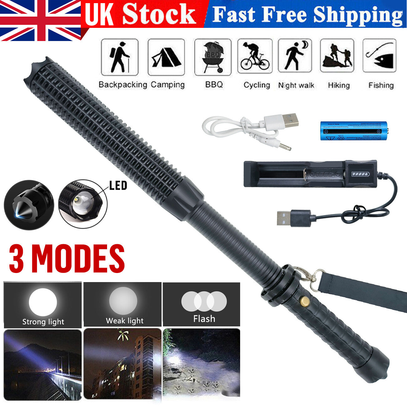 Baseball LED Flashlight Zoom Rechargeable Torch Spotlight Emergency Security Work Light 3 Lighting Modes