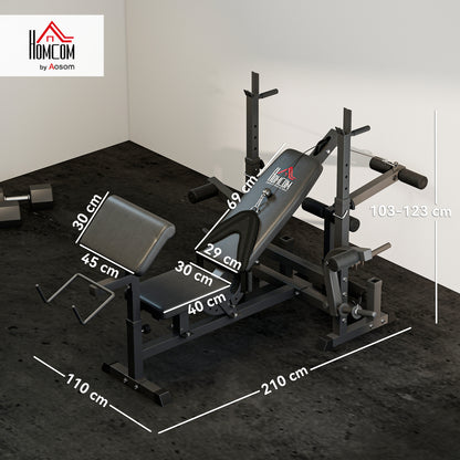 Weight Bench, 6 In 1 Adjustable Bench Press With Leg Extension, Barbell Rack, Preacher Curl Pad, Resistance Band, Multi-Function Home Gym Equipment For Strength Training Weightlifting