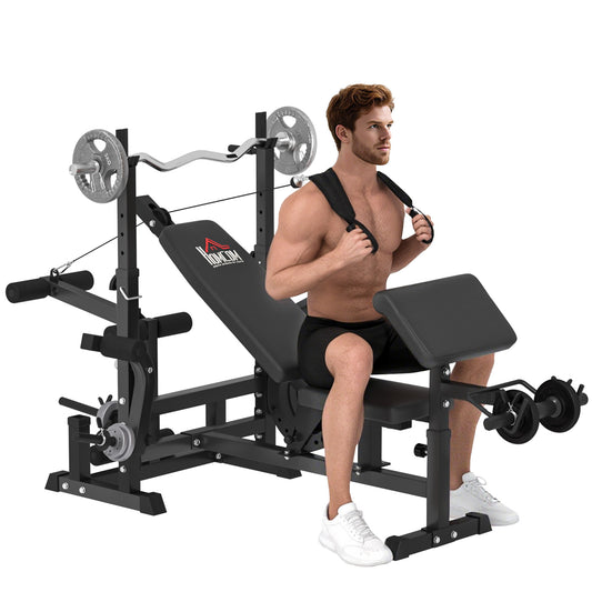 Weight Bench, 6 In 1 Adjustable Bench Press With Leg Extension, Barbell Rack, Preacher Curl Pad, Resistance Band, Multi-Function Home Gym Equipment For Strength Training Weightlifting