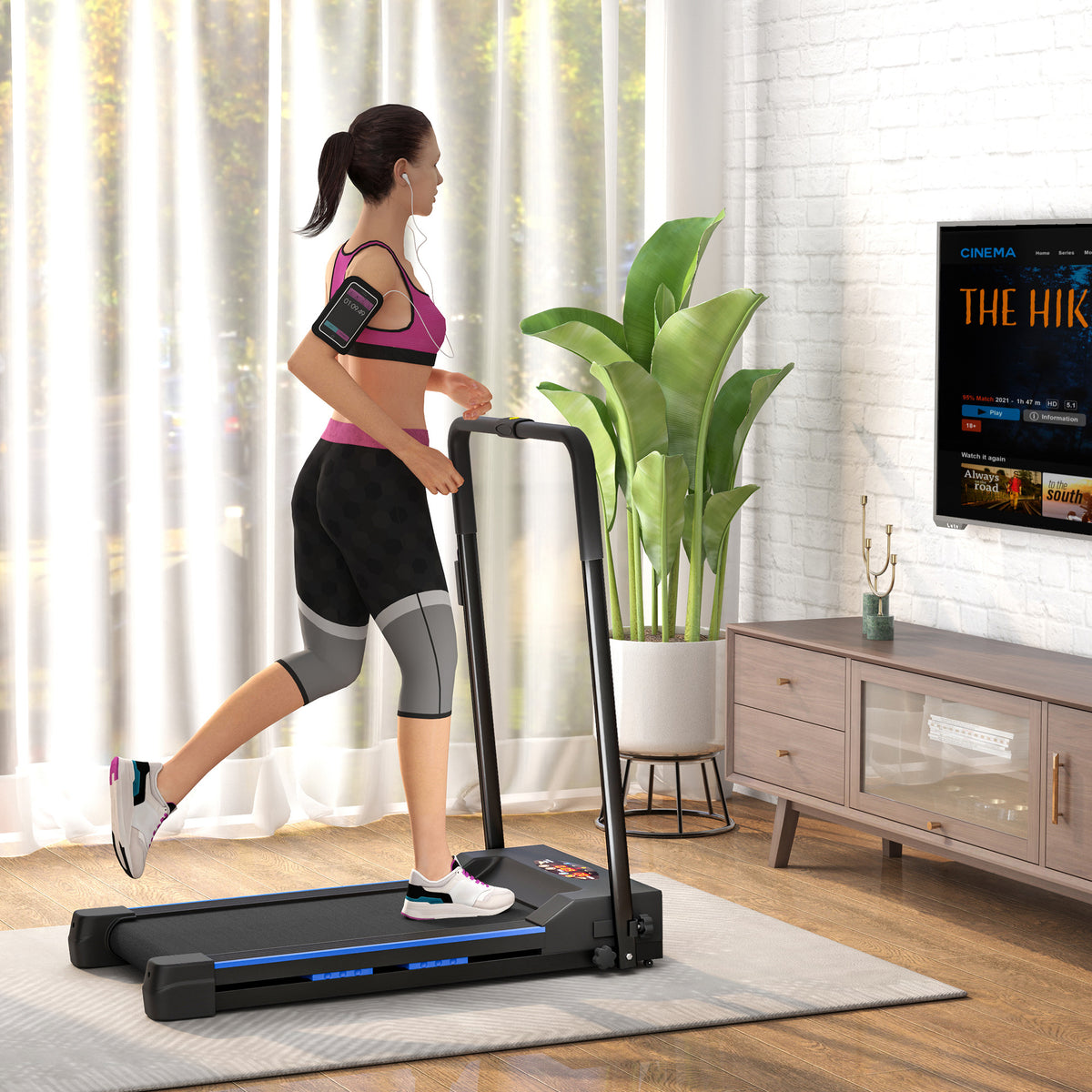 Folding Motorised Home Treadmill Walking Machine With LCD Monitor, Blue with remote lcd screen